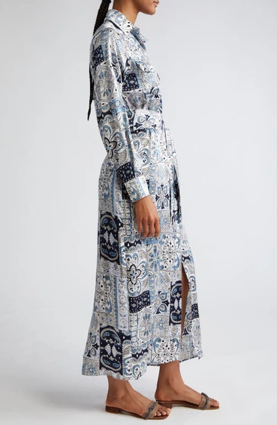 Shop Eleventy Paisley Patchwork Print Long Sleeve Silk Shirtdress In Baby Blue