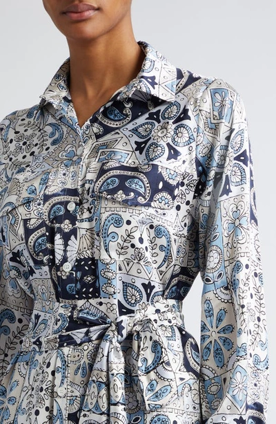 Shop Eleventy Paisley Patchwork Print Long Sleeve Silk Shirtdress In Baby Blue