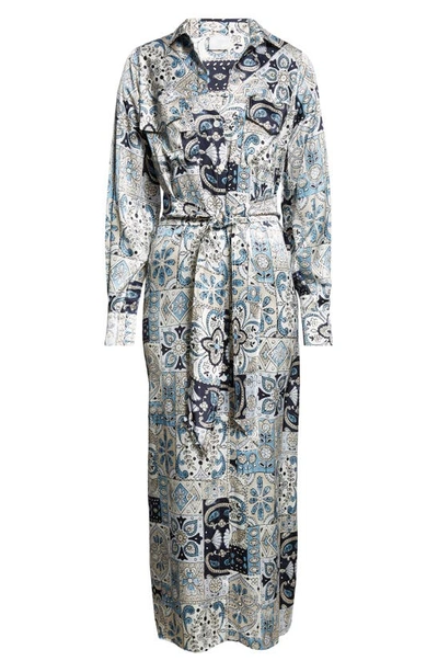 Shop Eleventy Paisley Patchwork Print Long Sleeve Silk Shirtdress In Baby Blue