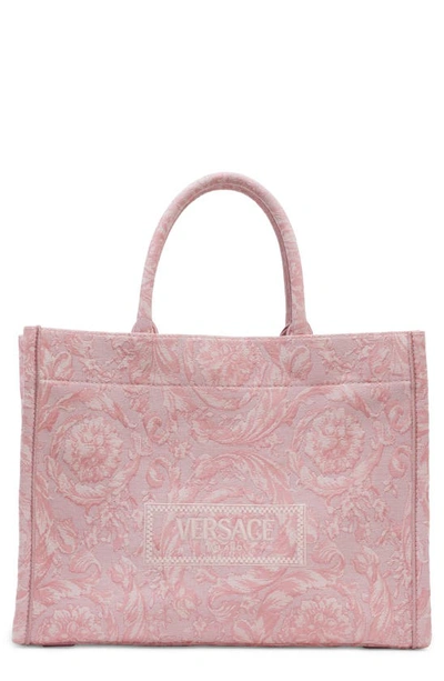 Shop Versace Medium Jacquard Canvas Tote In Pink/ Rose/ Gold