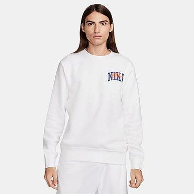 Shop Nike Men's Club Fleece Varsity Graphic Long-sleeve Crewneck Sweatshirt In White/safety Orange