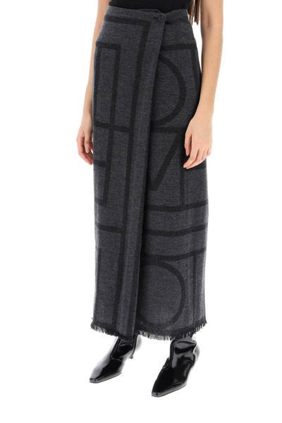 Shop Totême Toteme Monogram Wool Maxi Sarong Skirt In Grey
