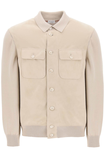 Shop Brunello Cucinelli Leather And Knit Hybrid Jacket Men In Cream
