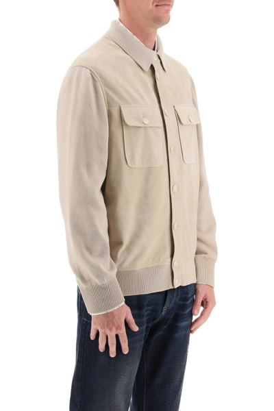 Shop Brunello Cucinelli Leather And Knit Hybrid Jacket Men In Cream