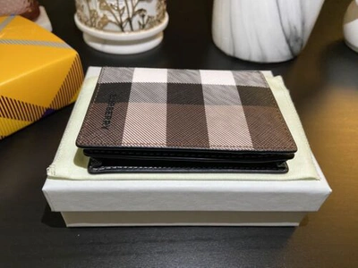 Pre-owned Burberry Check And Leather Folding Card Case Card Holder In Dark Birch Brown