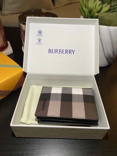 Pre-owned Burberry Check And Leather Folding Card Case Card Holder In Dark Birch Brown