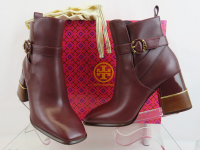 Pre-owned Tory Burch Multi Logo Burgundy Leather Gold Reva Buckle Zip Heel Ankle Boots 10 In Red