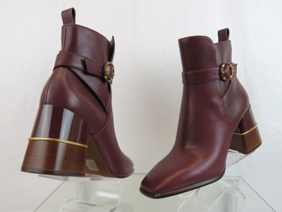 Pre-owned Tory Burch Multi Logo Burgundy Leather Gold Reva Buckle Zip Heel Ankle Boots 10 In Red