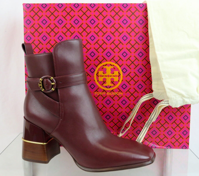 Pre-owned Tory Burch Multi Logo Burgundy Leather Gold Reva Buckle Zip Heel Ankle Boots 10 In Red
