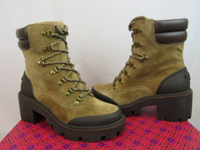 Pre-owned Tory Burch Lug Sole Hiker Alce Coconut Suede Leather Lace Up Ankle Boots 7.5 In Brown