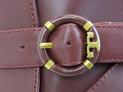 Pre-owned Tory Burch Multi Logo Burgundy Leather Gold Reva Buckle Zip Heel Ankle Boots 10 In Red