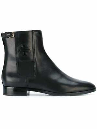 Pre-owned Tory Burch Wyatt Black Leather Black Reva Buckle Elastic Ankle Boots 9.5