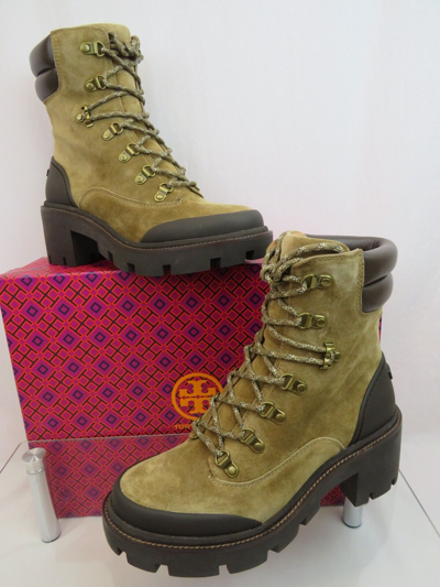 Pre-owned Tory Burch Lug Sole Hiker Alce Coconut Suede Leather Lace Up Ankle Boots 7.5 In Brown