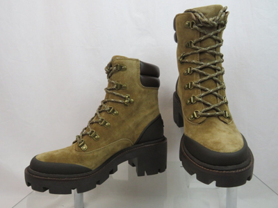 Pre-owned Tory Burch Lug Sole Hiker Alce Coconut Suede Leather Lace Up Ankle Boots 7.5 In Brown
