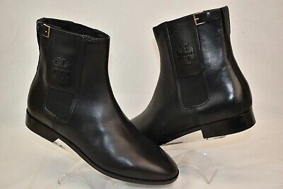 Pre-owned Tory Burch Wyatt Black Leather Black Reva Buckle Elastic Ankle Boots 9.5