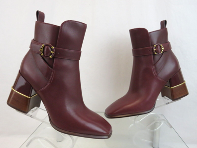 Pre-owned Tory Burch Multi Logo Burgundy Leather Gold Reva Buckle Zip Heel Ankle Boots 10 In Red