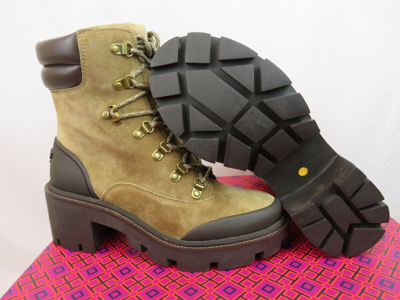 Pre-owned Tory Burch Lug Sole Hiker Alce Coconut Suede Leather Lace Up Ankle Boots 7.5 In Brown