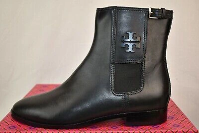 Pre-owned Tory Burch Wyatt Black Leather Black Reva Buckle Elastic Ankle Boots 9.5