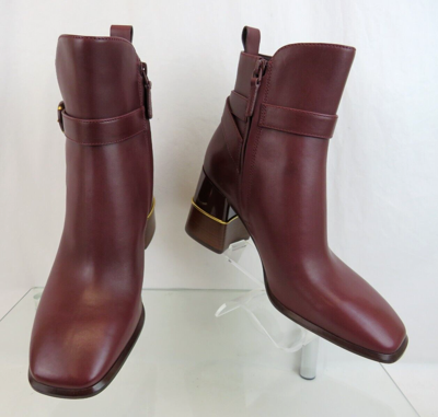 Pre-owned Tory Burch Multi Logo Burgundy Leather Gold Reva Buckle Zip Heel Ankle Boots 10 In Red