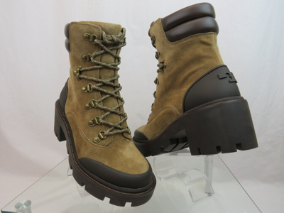 Pre-owned Tory Burch Lug Sole Hiker Alce Coconut Suede Leather Lace Up Ankle Boots 7.5 In Brown