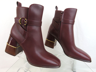 Pre-owned Tory Burch Multi Logo Burgundy Leather Gold Reva Buckle Zip Heel Ankle Boots 10 In Red