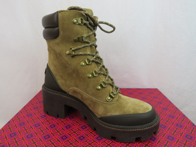 Pre-owned Tory Burch Lug Sole Hiker Alce Coconut Suede Leather Lace Up Ankle Boots 7.5 In Brown