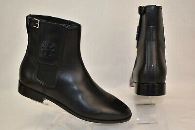 Pre-owned Tory Burch Wyatt Black Leather Black Reva Buckle Elastic Ankle Boots 9.5