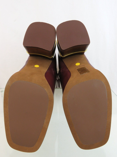 Pre-owned Tory Burch Multi Logo Burgundy Leather Gold Reva Buckle Zip Heel Ankle Boots 10 In Red