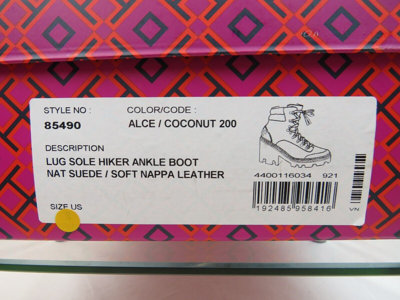 Pre-owned Tory Burch Lug Sole Hiker Alce Coconut Suede Leather Lace Up Ankle Boots 7.5 In Brown