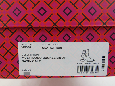 Pre-owned Tory Burch Multi Logo Burgundy Leather Gold Reva Buckle Zip Heel Ankle Boots 10 In Red