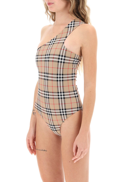 Shop Burberry Check One-shoulder One-piece Swimsuit Women In Multicolor