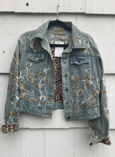 Pre-owned Vintage The Nu  Cropped Jean Jacket Silver And Gold Embroidery M. Made In The Usa