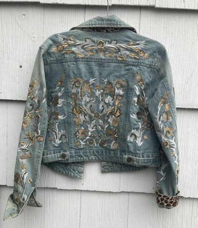 Pre-owned Vintage The Nu  Cropped Jean Jacket Silver And Gold Embroidery M. Made In The Usa