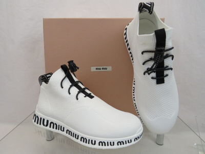 Pre-owned Miu Miu Prada 5e088d White Knit Mesh Black Logo Bungee Sock Sneakers 36.5