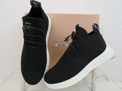 Pre-owned Miu Miu Prada 5e088d Black Knit Mesh White Logo Bungee Lace Sock Sneakers 38