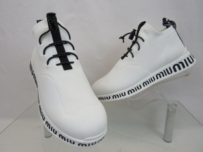 Pre-owned Miu Miu Prada 5e088d White Knit Mesh Black Logo Bungee Sock Sneakers 36.5