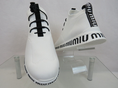 Pre-owned Miu Miu Prada 5e088d White Knit Mesh Black Logo Bungee Sock Sneakers 36.5