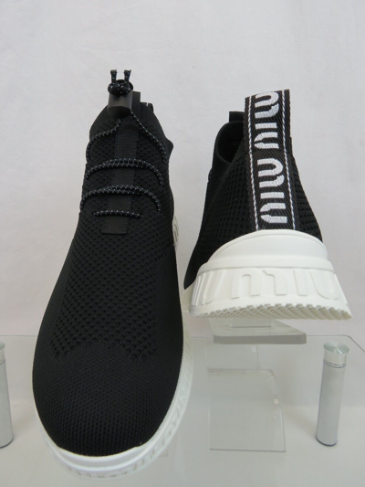 Pre-owned Miu Miu Prada 5e088d Black Knit Mesh White Logo Bungee Lace Sock Sneakers 38