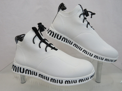 Pre-owned Miu Miu Prada 5e088d White Knit Mesh Black Logo Bungee Sock Sneakers 36.5