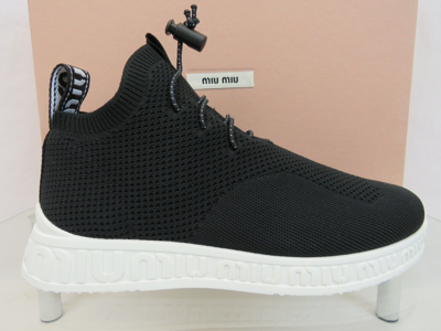 Pre-owned Miu Miu Prada 5e088d Black Knit Mesh White Logo Bungee Lace Sock Sneakers 38