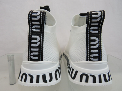 Pre-owned Miu Miu Prada 5e088d White Knit Mesh Black Logo Bungee Sock Sneakers 36.5