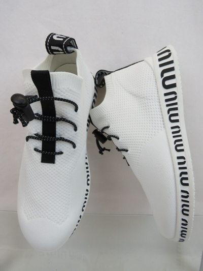 Pre-owned Miu Miu Prada 5e088d White Knit Mesh Black Logo Bungee Sock Sneakers 36.5