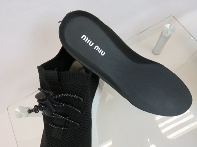 Pre-owned Miu Miu Prada 5e088d Black Knit Mesh White Logo Bungee Lace Sock Sneakers 38