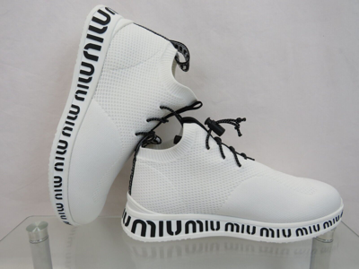 Pre-owned Miu Miu Prada 5e088d White Knit Mesh Black Logo Bungee Sock Sneakers 36.5