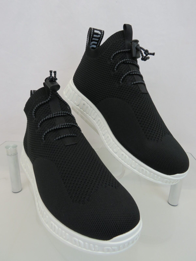 Pre-owned Miu Miu Prada 5e088d Black Knit Mesh White Logo Bungee Lace Sock Sneakers 38