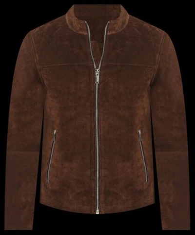 Pre-owned Karl Lagerfeld Men's Suede Leather Moto Jacket Brown Sz Small