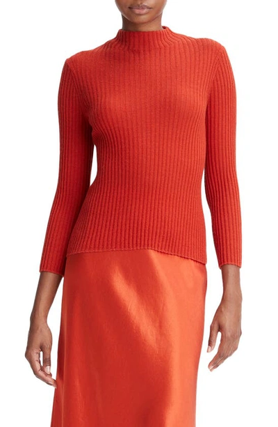Vince 3/4-sleeve Ribbed Cashmere And Silk Mock-neck Sweater In Vermillion
