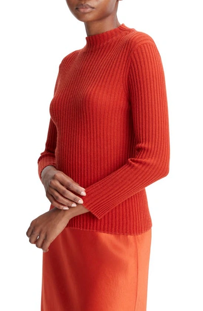 Vince 3/4-sleeve Ribbed Cashmere And Silk Mock-neck Sweater In Vermillion