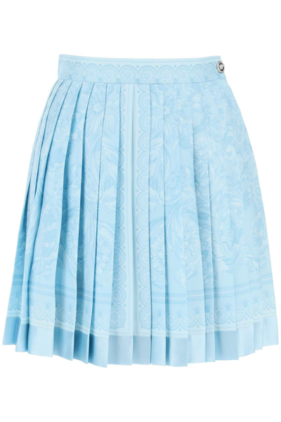 Shop Versace Barocco Pleated Mini Skirt In Light Blue