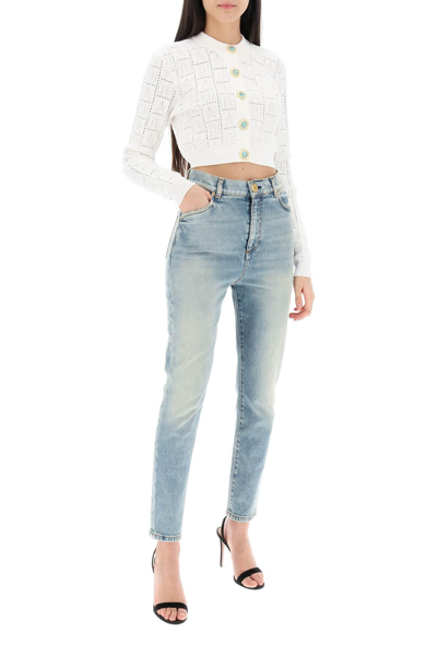 Shop Balmain Cropped Cardigan With Jewel Buttons In White
